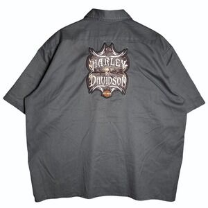 Dickies Harley-Davidson Work Shirt Mens 2XL Gray Short Sleeve Skull Patch Biker